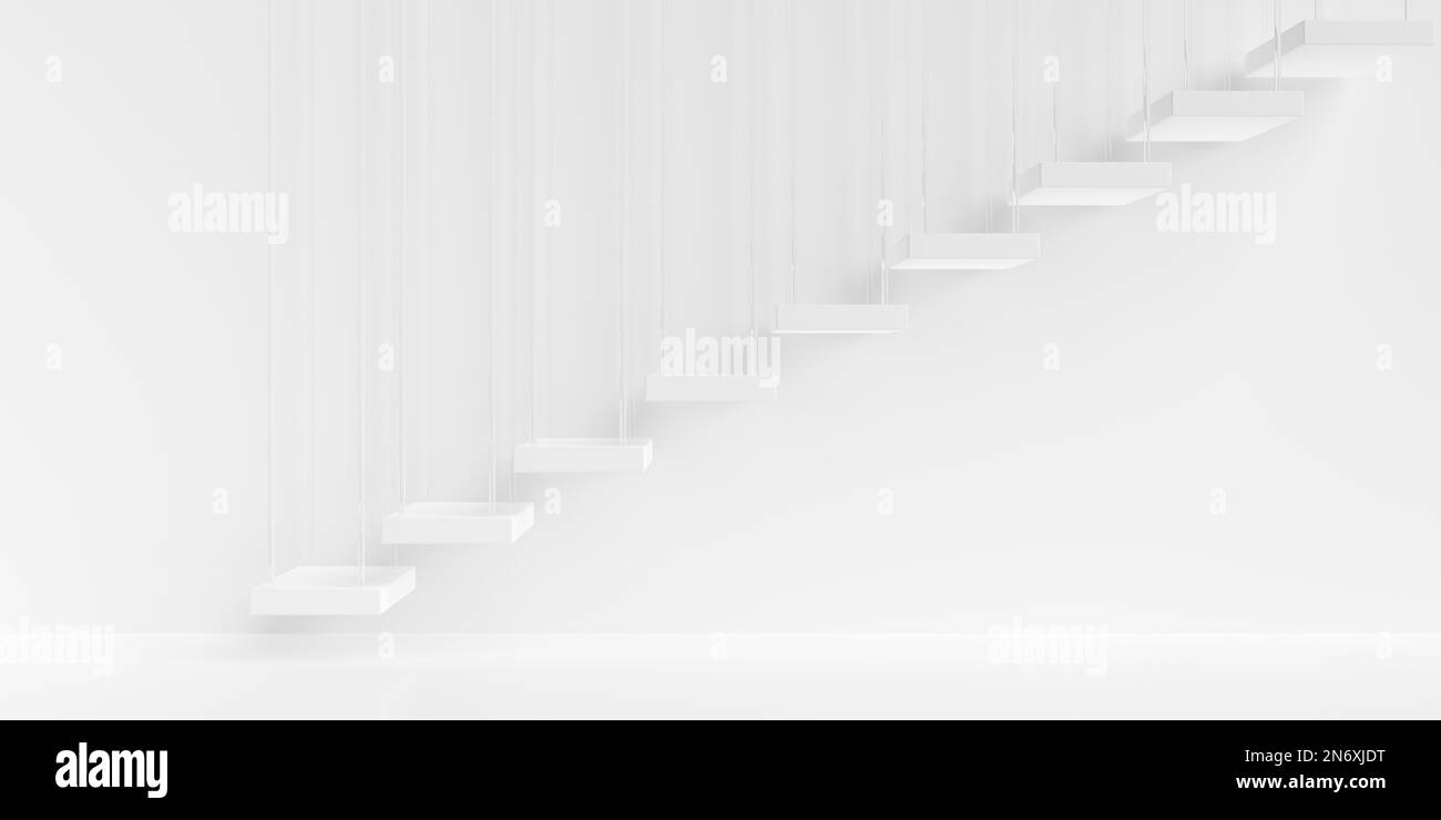 Hanging white stairs or steps going up on white wall background, business achievement or career goal concept, 3D illustration Stock Photo