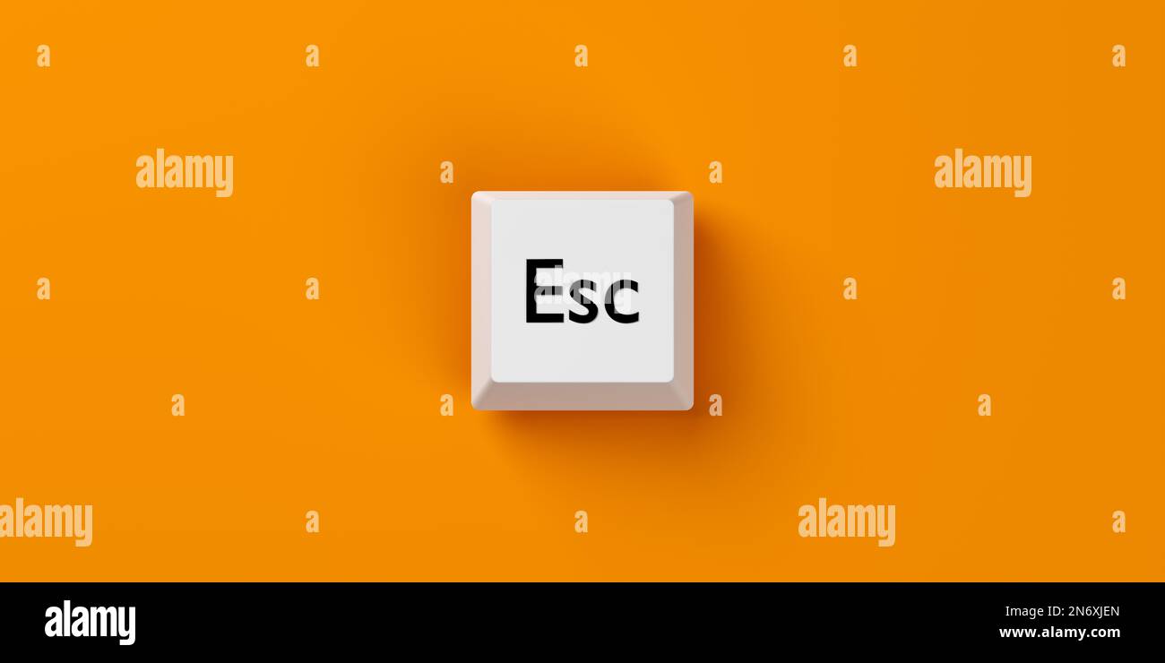 Single, white computer keyboard escape key over orange background, stop, quit or exit business concept, flat lay top view from above, 3D illustration Stock Photo