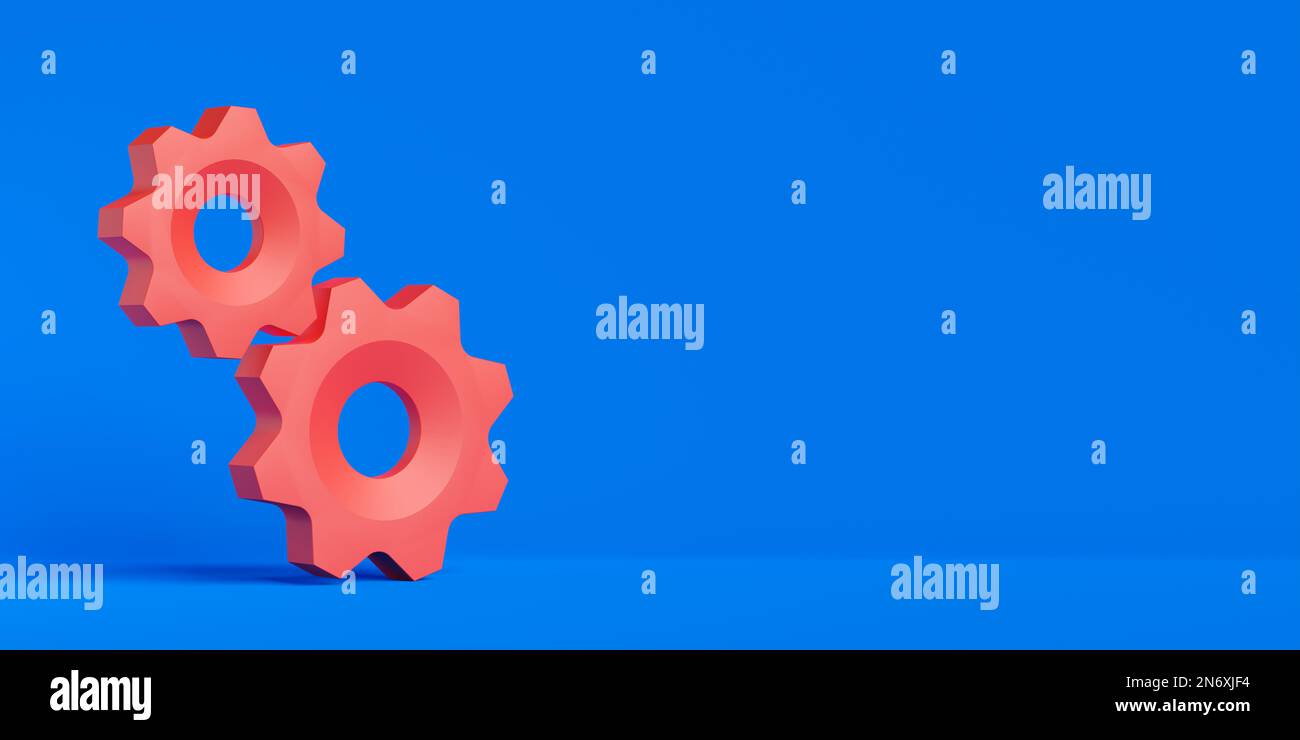 Two red gears or cogwheels on blue background with copy space, modern ...