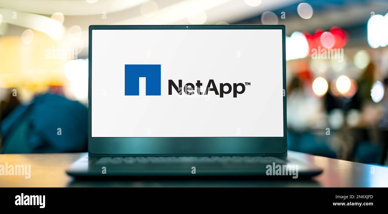 POZNAN, POL - MAY 4, 2022: Laptop computer displaying logo of NetApp, a hybrid cloud data services and data management company headquartered in San Jo Stock Photo
