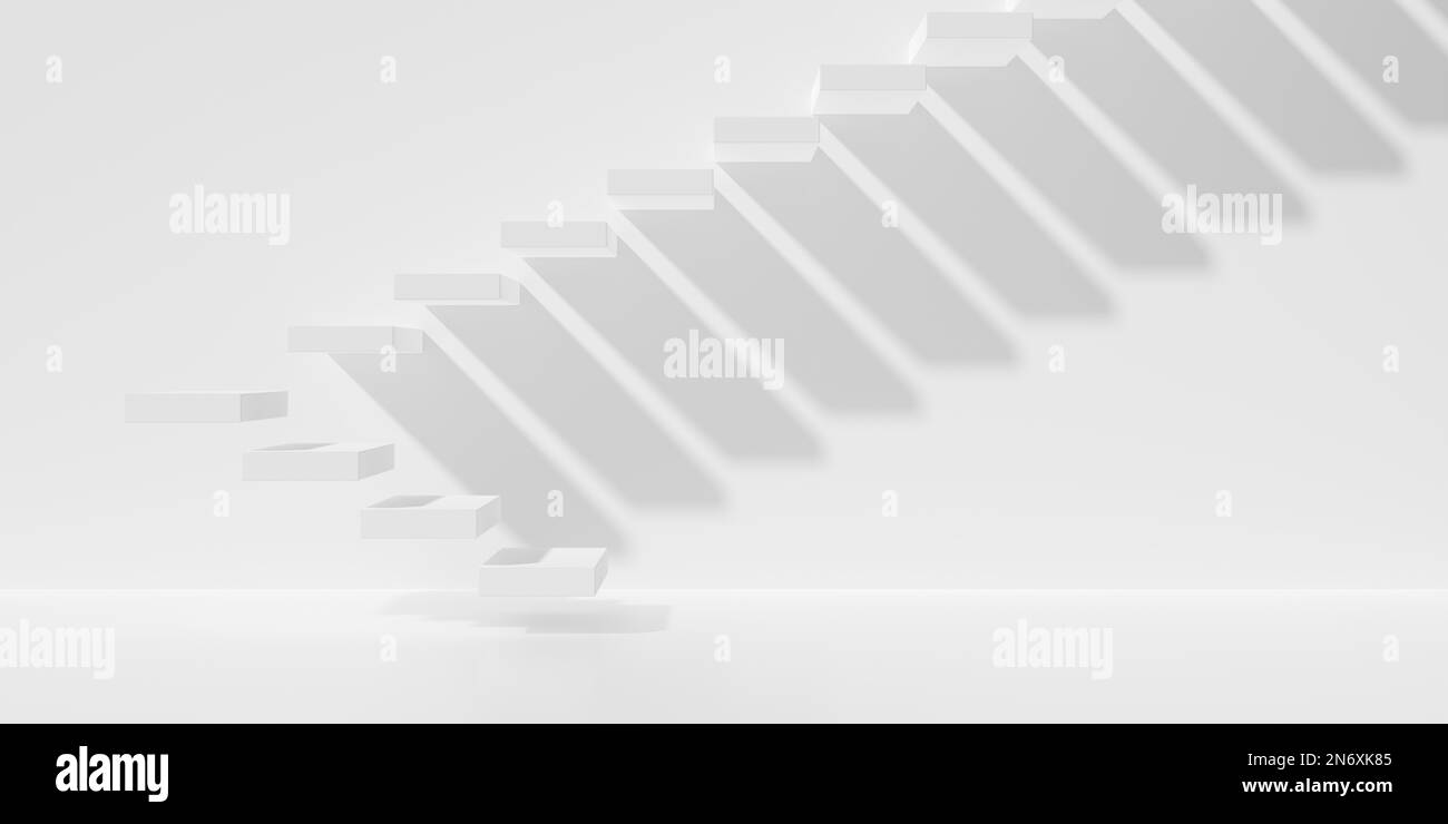 Floating white stairs or steps going up around corner on white wall background, business achievement or career goal concept, 3D illustration Stock Photo