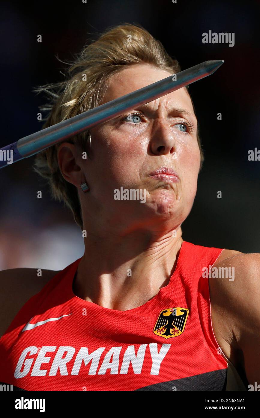 Germany's Christina Obergfoll competes in the women's hammer throw