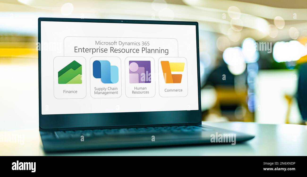 POZNAN, POL - MAY 24, 2022: Laptop computer displaying icons of Microsoft Dynamics 365 Enterprise Resource Planning software Stock Photo