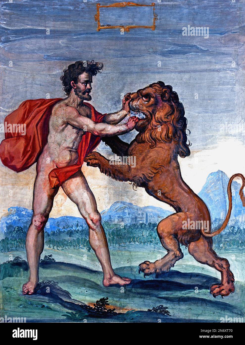 Samson who killed the Lion fresco,  Diocesan Museum of Sacred Art of Arezzo,Fine Art Museum, Italy, Italian, Stock Photo