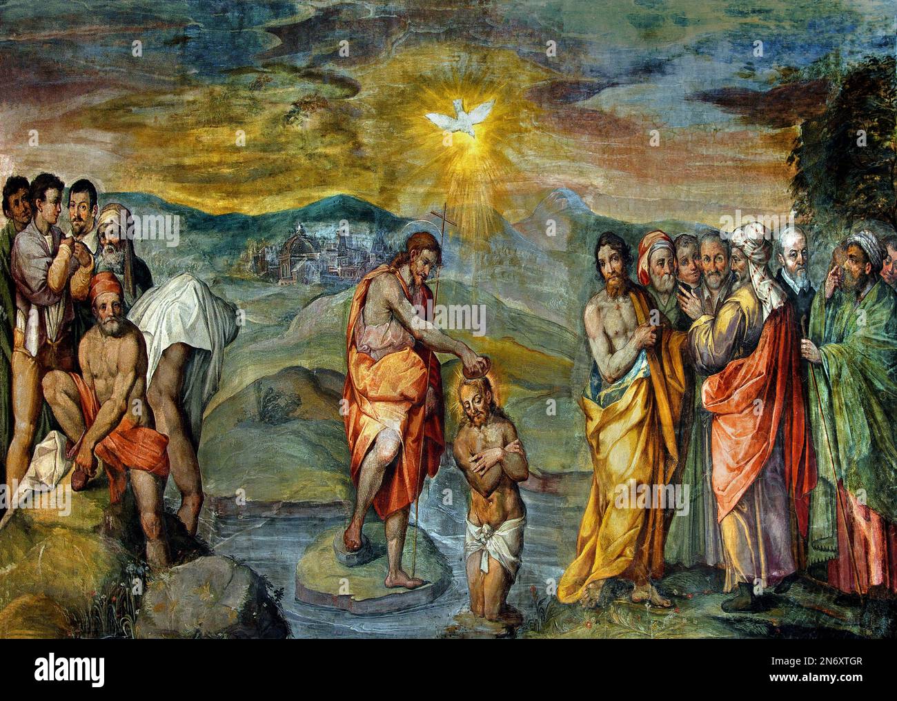Baptism of Jesus fresco,  Diocesan Museum of Sacred Art of Arezzo,Fine Art Museum, Italy, Italian, Stock Photo