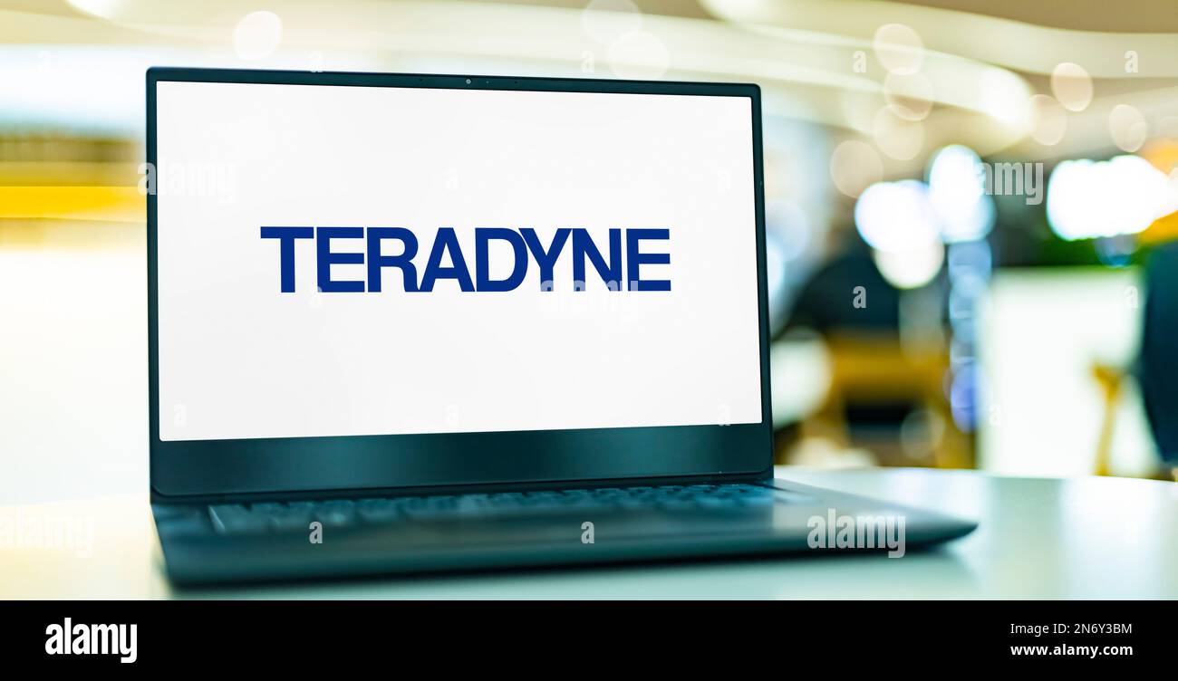 POZNAN, POL - DEC 28, 2022: Laptop computer displaying logo of Teradyne, an automatic test equipment designer and manufacturer based in North Reading, Stock Photo