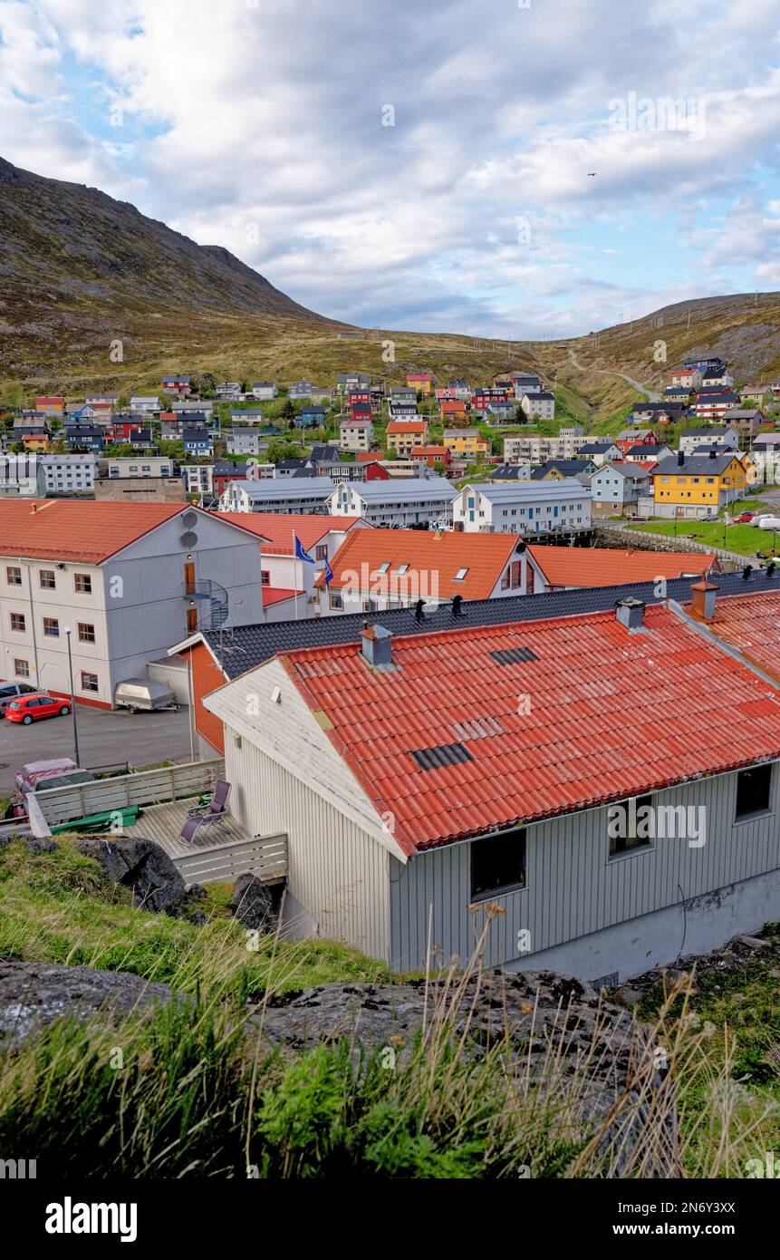 Cityscape of Honningsvag in the summer - the northernmost city in Norway. It is located in Nordkapp Municipality in Troms og Finnmark county. 17th of Stock Photo