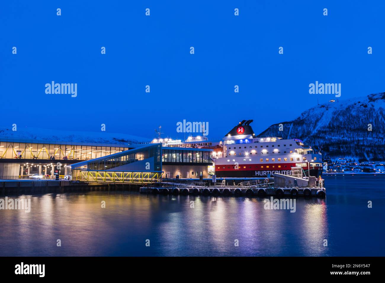 Tromso, Norway, March 4th 2022: Pier for Hurtigruten ships. Hurtigruten (english Express Route) is a Norwegian public coastal route Stock Photo