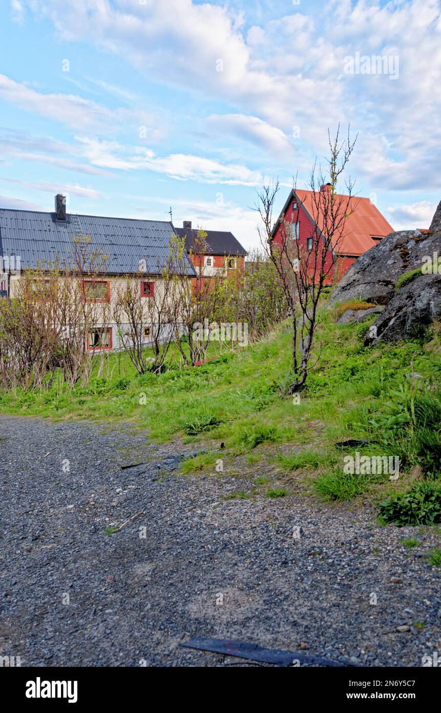 Cityscape of Honningsvag in the summer - the northernmost city in Norway. It is located in Nordkapp Municipality in Troms og Finnmark county. 17th of Stock Photo