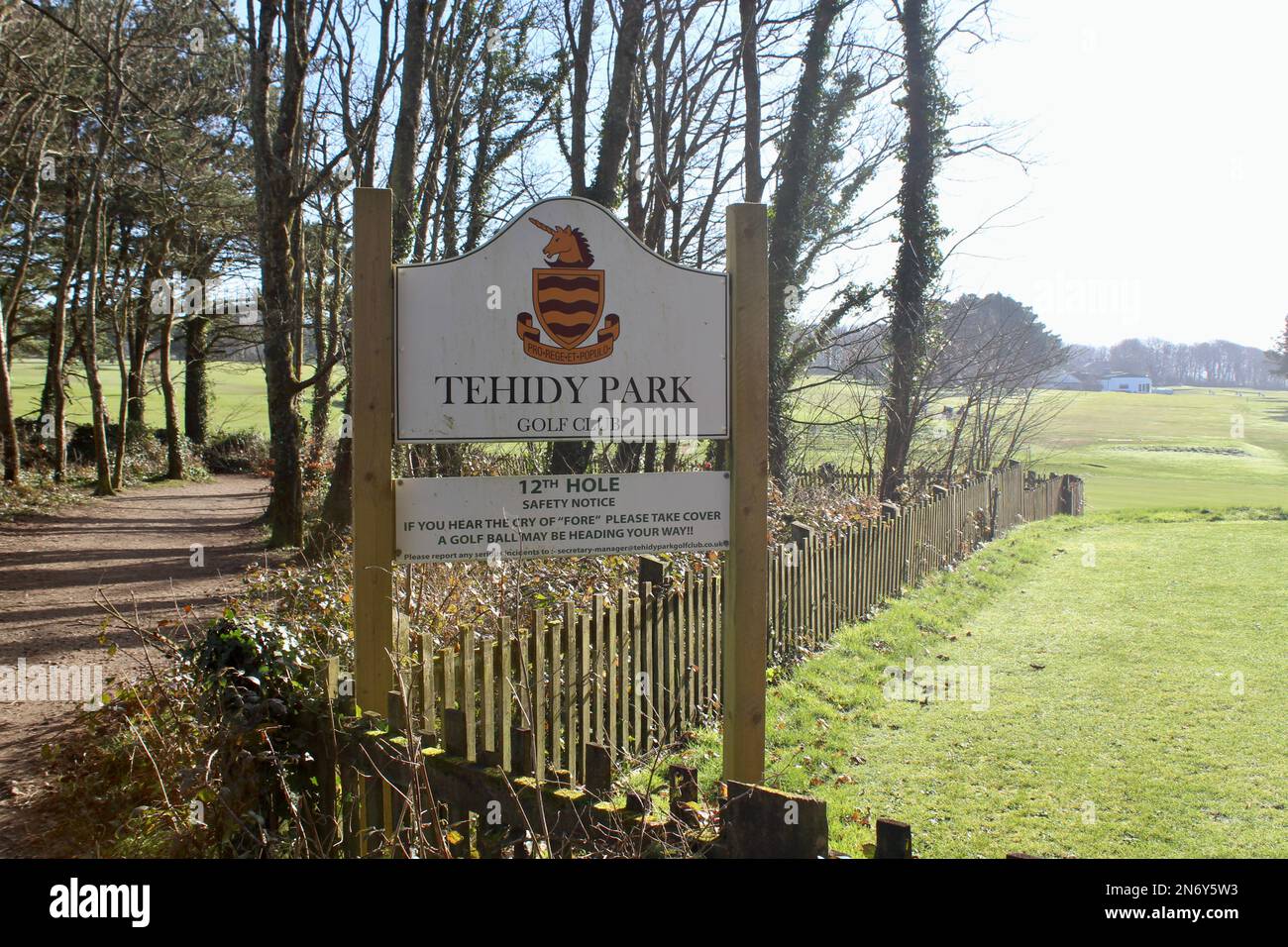 Tehidt Park Signage with Tehidy Golf Course to the right and public footpath in Tehidy Country Park to the left. Stock Photo