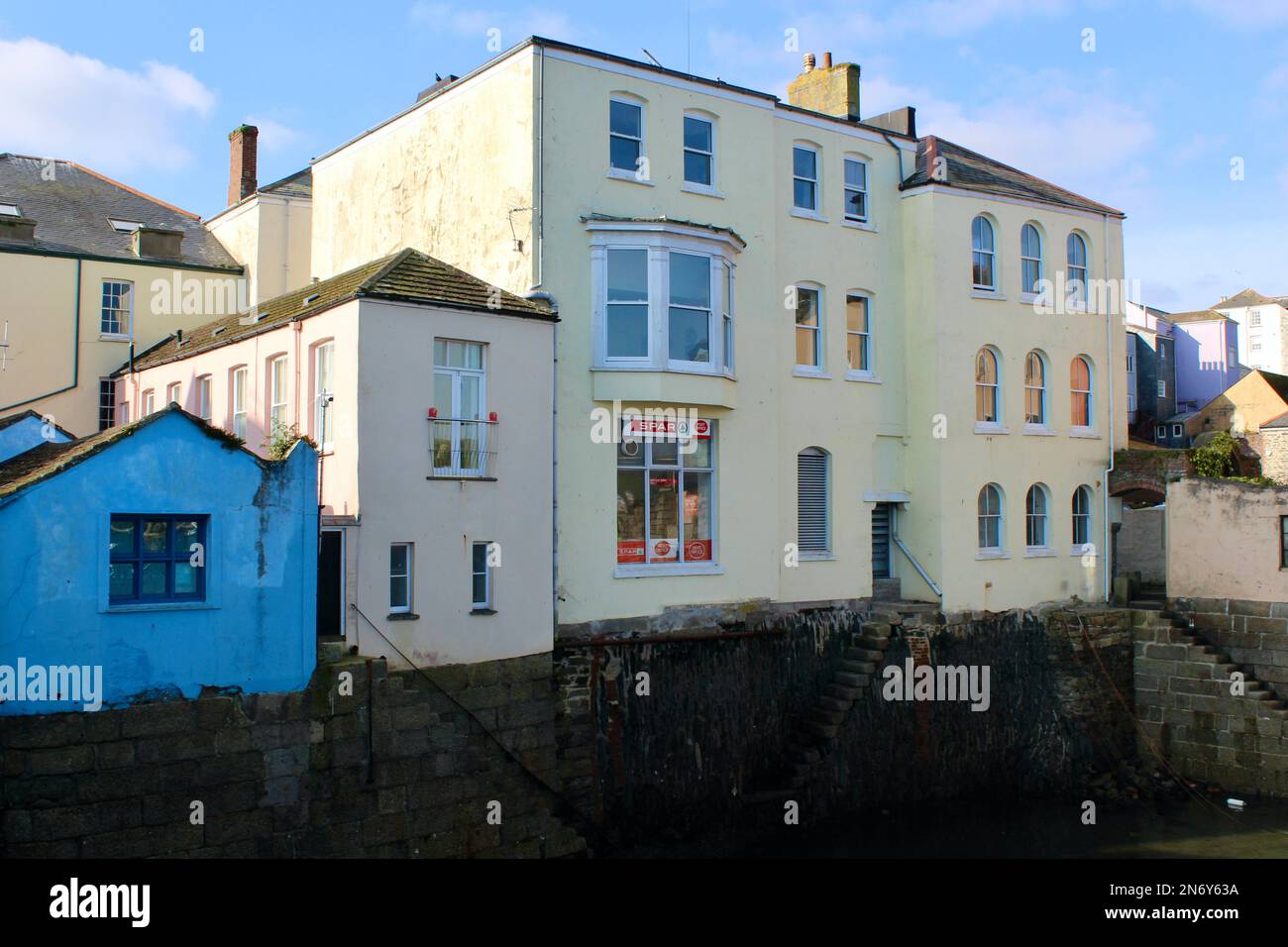 Spar Shop - Back end of Spar shop in Falmouth, Cornwall, England  backing onto the harbour. Stock Photo