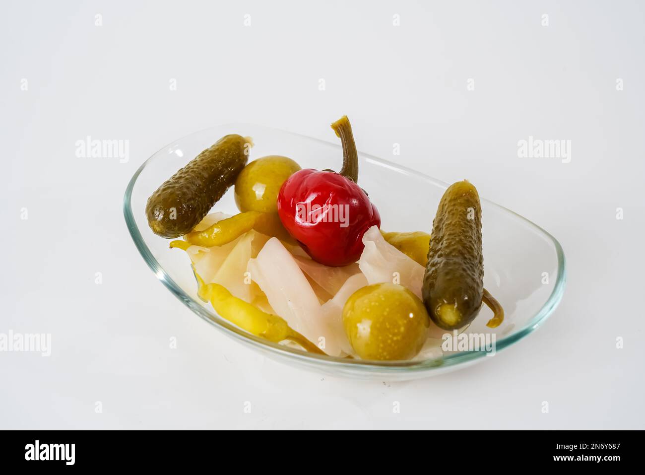 Mixed gherkins, sauerkraut, pepper, tomato and cucumber pickles on