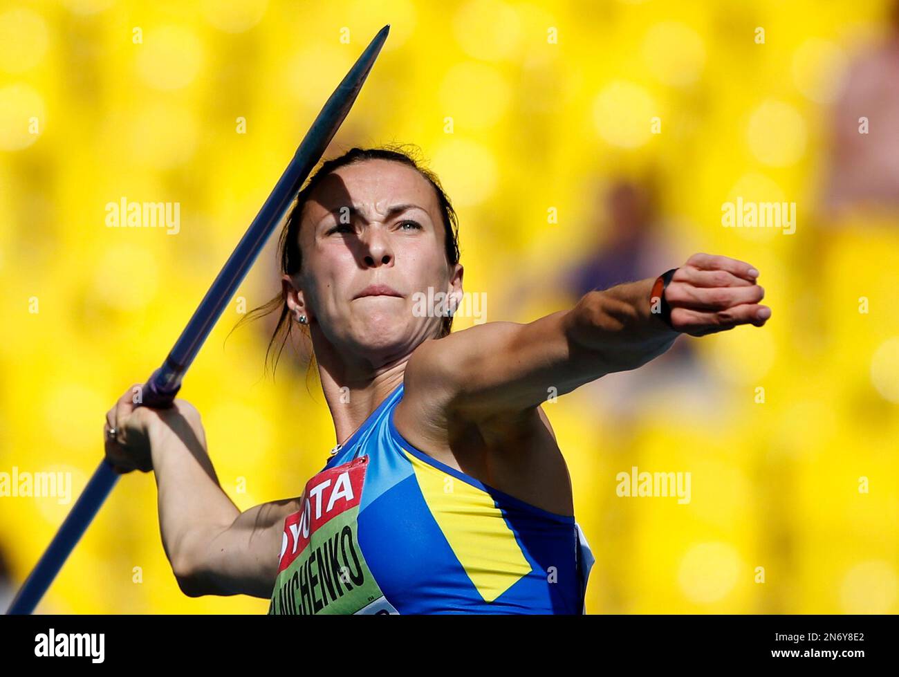 Ukraine's Hanna Melnychenko competes in the women's javelin throw
