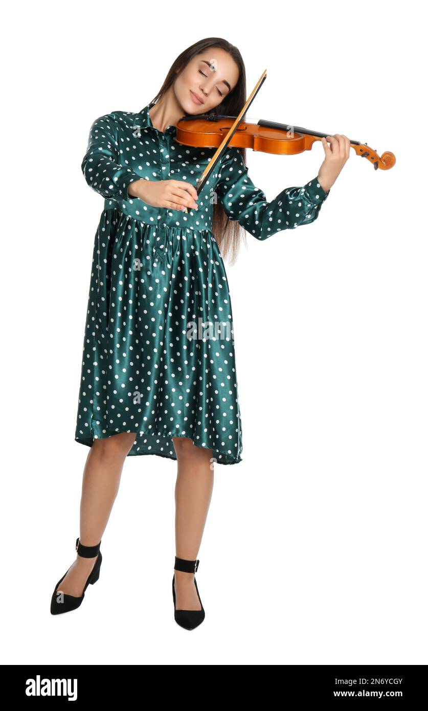 Beautiful woman playing violin on white background Stock Photo - Alamy