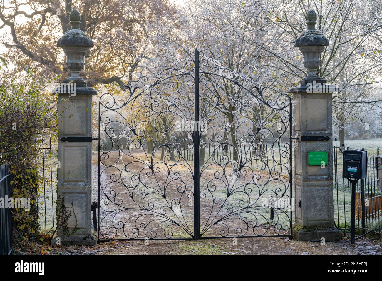 Gates of Peacocks house Margaretting Essex on a cold and frosty morning. Stock Photo