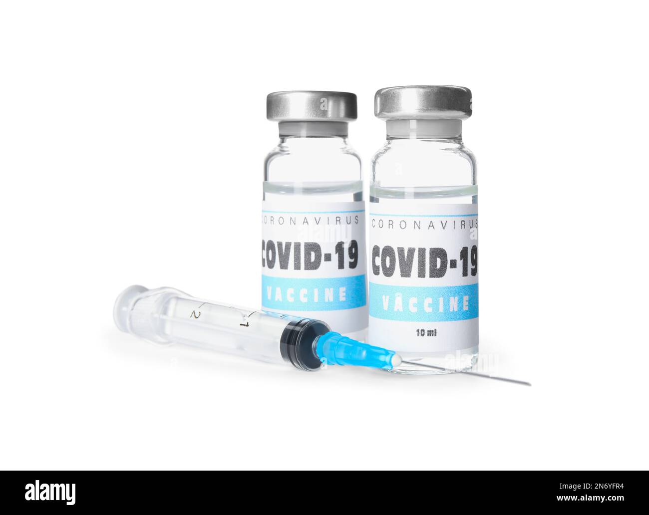 Vials with vaccine against coronavirus and syringe on white background ...