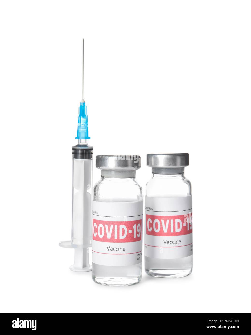 Vials with vaccine against coronavirus and syringe on white background ...
