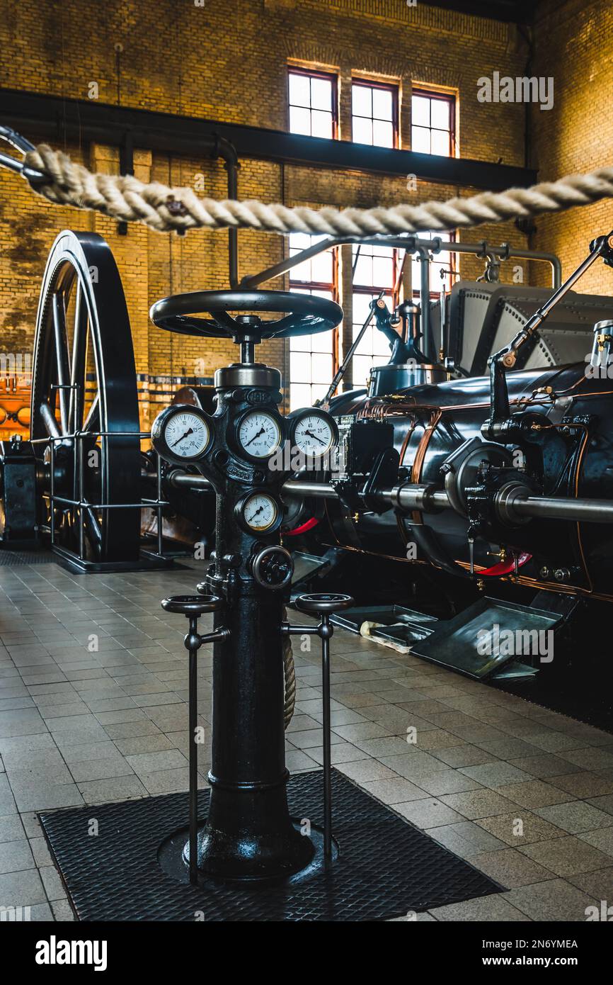 Lemmer, Netherlands - August 11, 2022: Measuring instruments in the machine hall of the world's largest steam pumping station in Lemmer, the Netherlan Stock Photo