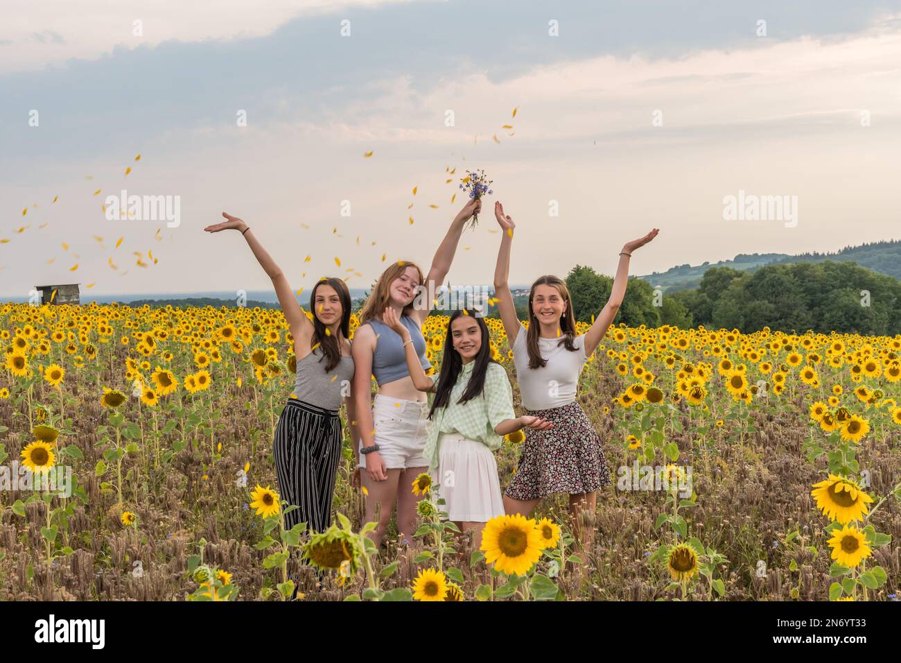 Girls in a sunflower field hi-res stock photography and images