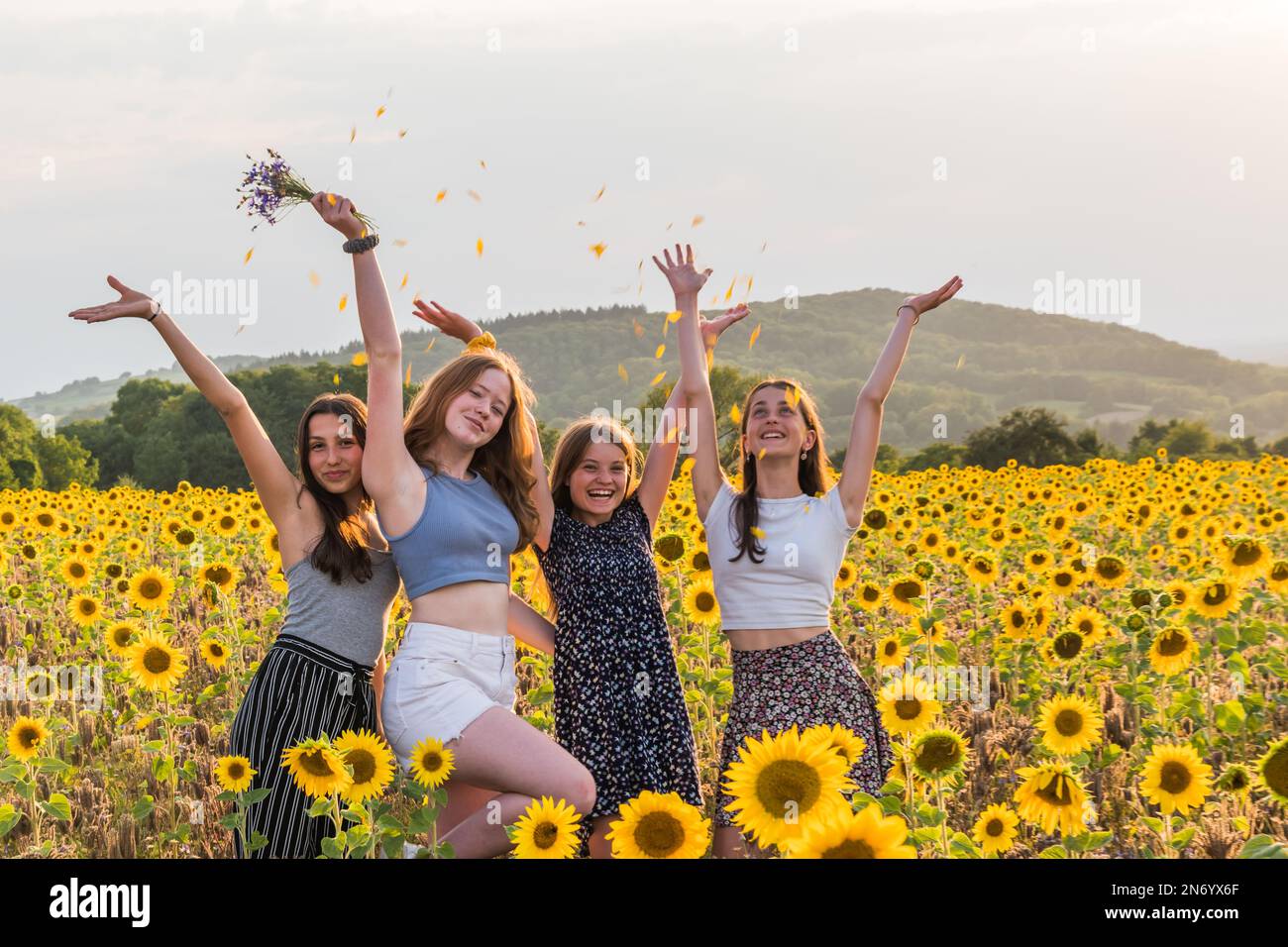 Girls in a sunflower field hi-res stock photography and images