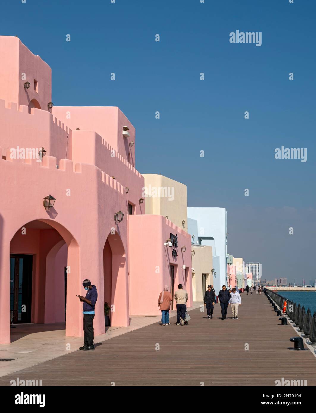 Brightly painted houses, Mina District, Old Doha Port, Qatar Stock