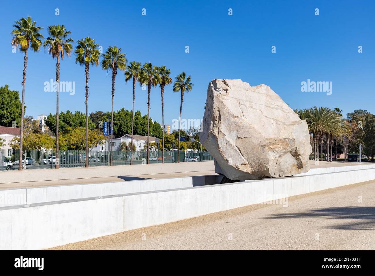 A picture of the Levitated Mass, a 2012 large-scale public art sculpture by Michael Heizer at Resnick North Lawn at the Los Angeles County Museum of A Stock Photo