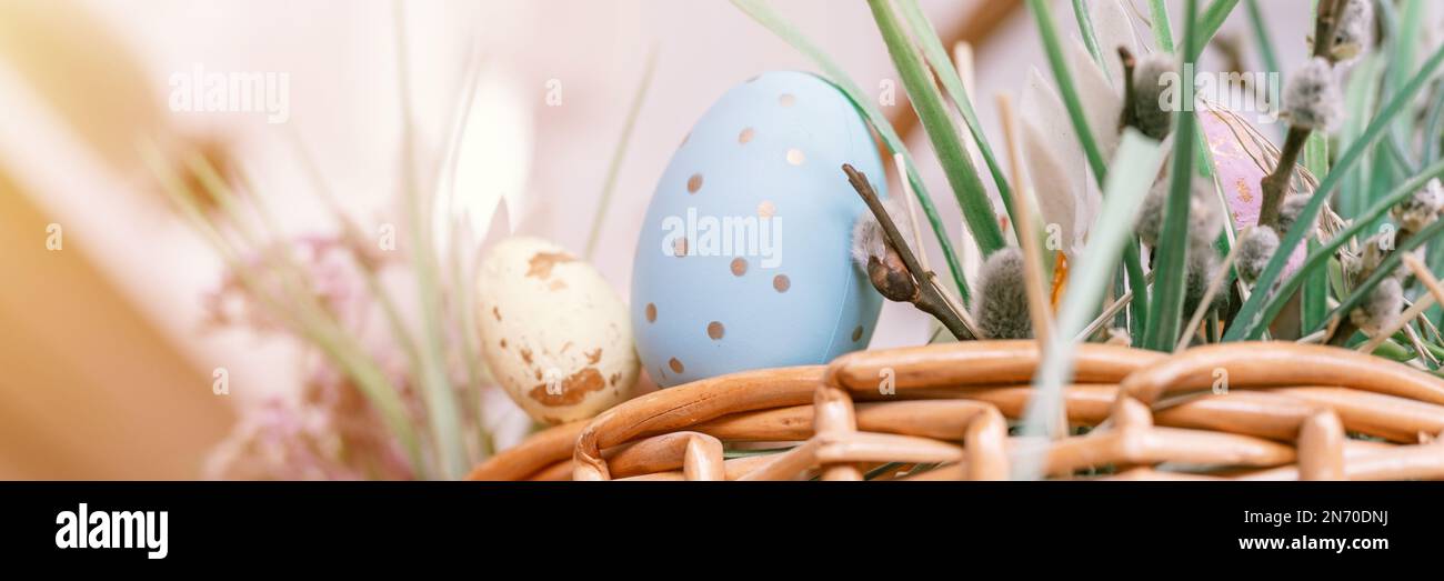 happy easter holiday time in spring season. basket with painted eggs, easter baked cakes, flowers and plants, and sweet rabbits. festive home decor. t Stock Photo
