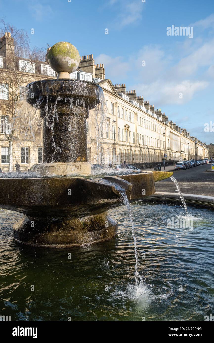 Close up of the Laura Place Fountain at the end of Great Pulteney Street with its terrace Georgian period townhouses, Bath, Somerset, England, UK Stock Photo