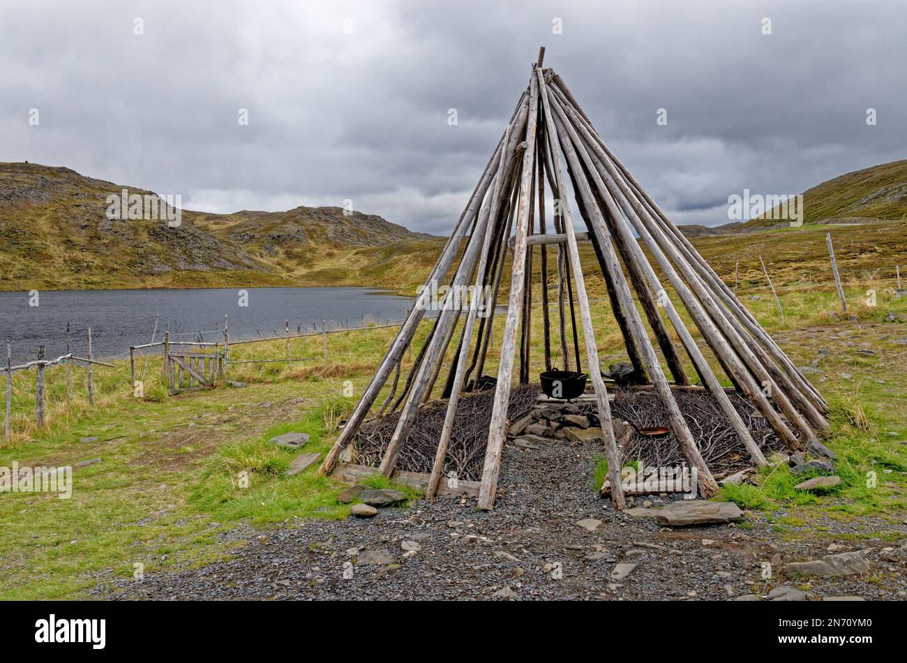 Lavvu - Sami tent in Nordkapp peninsula - Norway. Lavvu is a temporary dwelling used by the Sami people of northern extremes of Northern Europe. Stock Photo