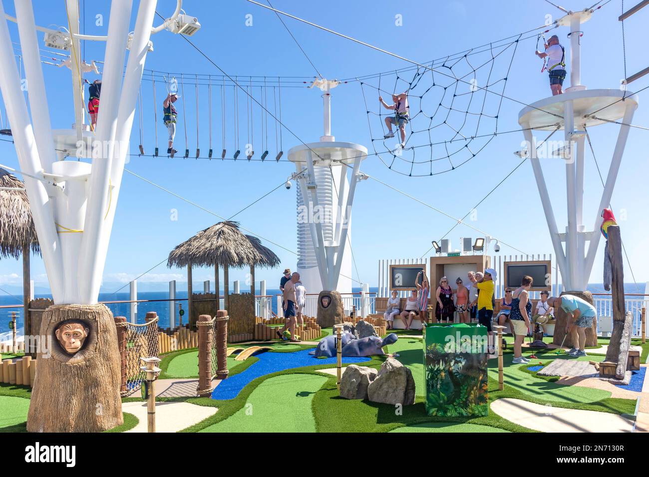 Altitude Skywalk and Mini Golf Course at stern of P&O Arvia cruise ship, Lesser Antilles, Caribbean Stock Photo