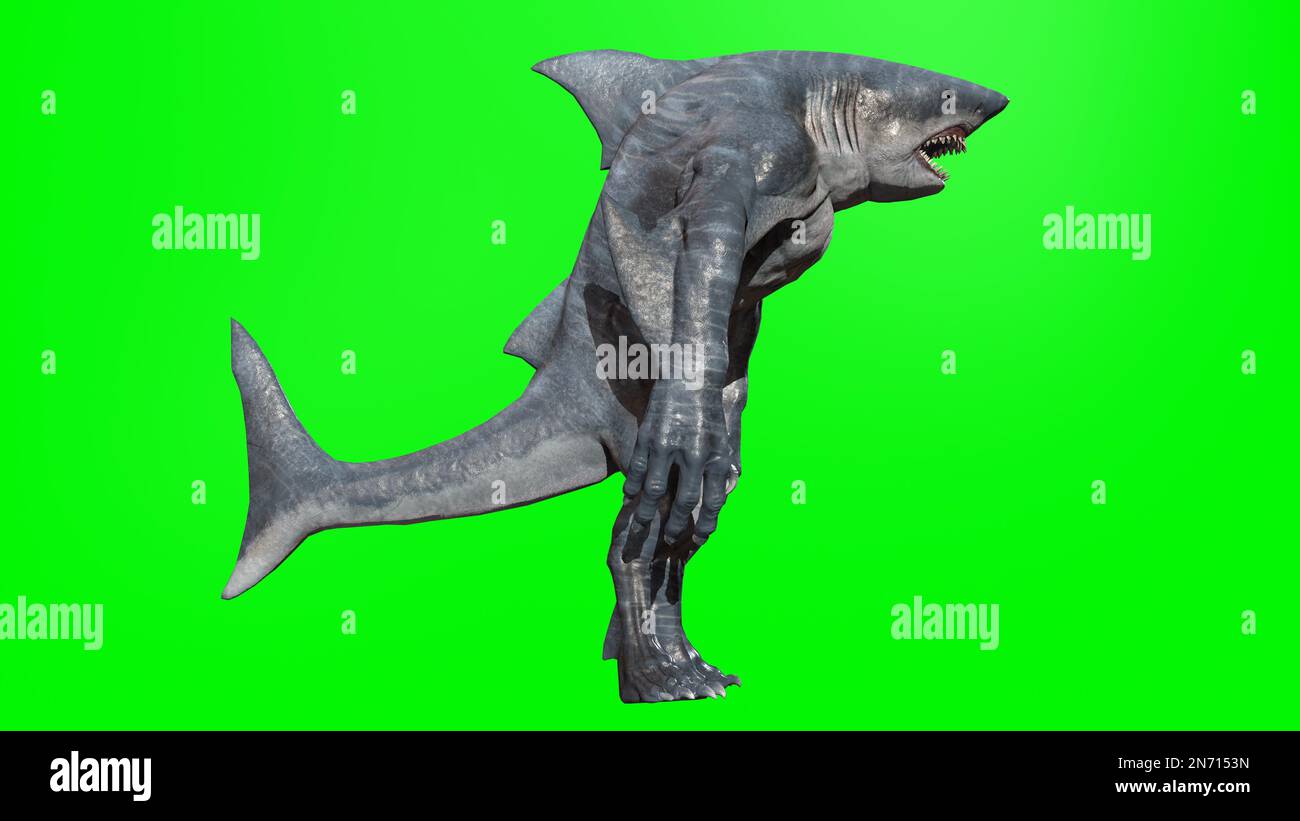 A furious shark humanoid from a wild tribe quickly runs through the jungle chasing his victim with mouth. 3d rendering Stock Photo
