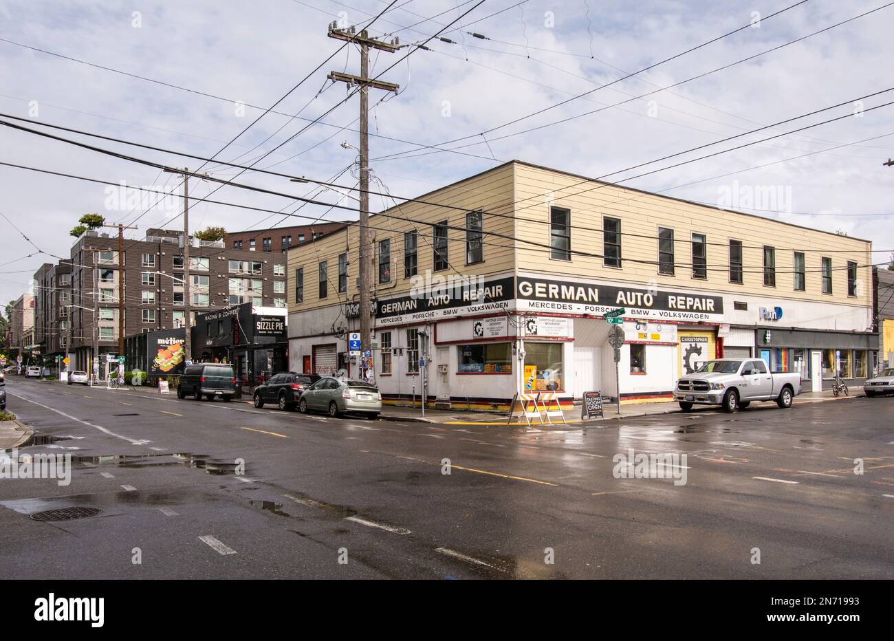 Seattle, Washington, USA. A street corner with car repair shop in the Capitol Hill | Seattle, Washington, USA. . A street corner in the Capitol Hill area Stock Photo