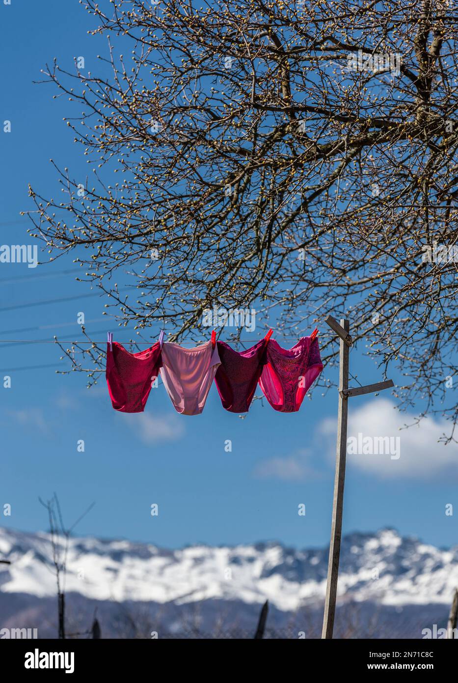 Unfashionable underwear lingerie pants knickers hanging out to dry on a  washing line Stock Photo - Alamy