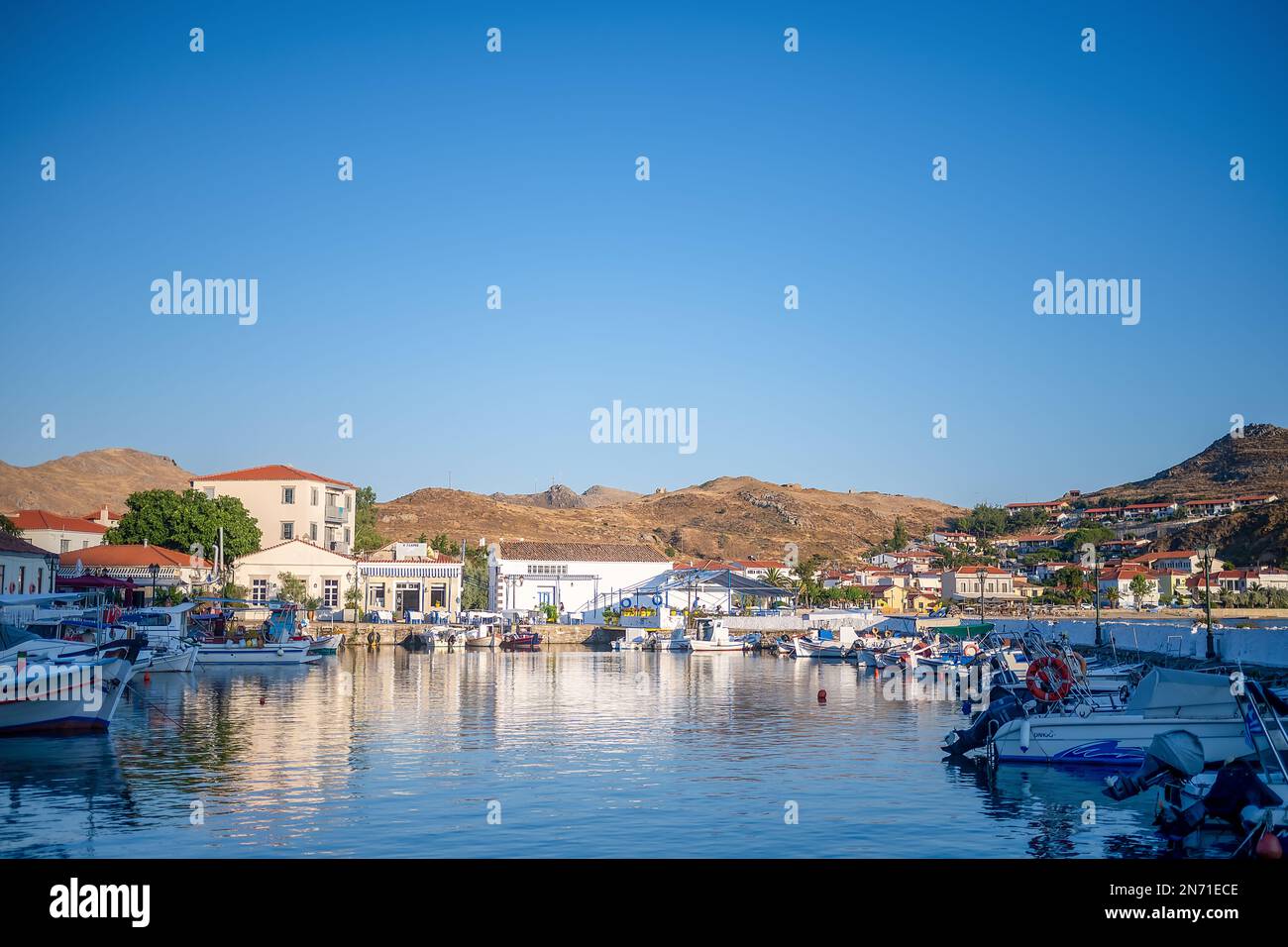 Boats moored in a harbour, Myrina, Lemnos, Greece Stock Photo