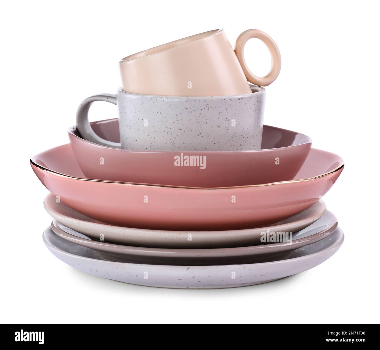 Set of plates and cups on white background Stock Photo Alamy