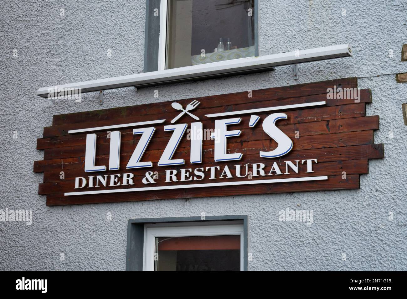 Dunfanaghy, Ireland- January 28, 2023:  The sign  for Lizzie's restaurant in Dunfanaghy, County Donegal Stock Photo