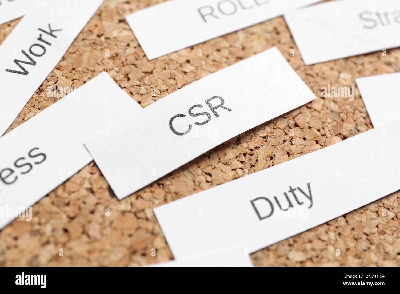 Paper sheet with letters CSR on corkboard, closeup. Corporate social responsibility concept Stock Photo