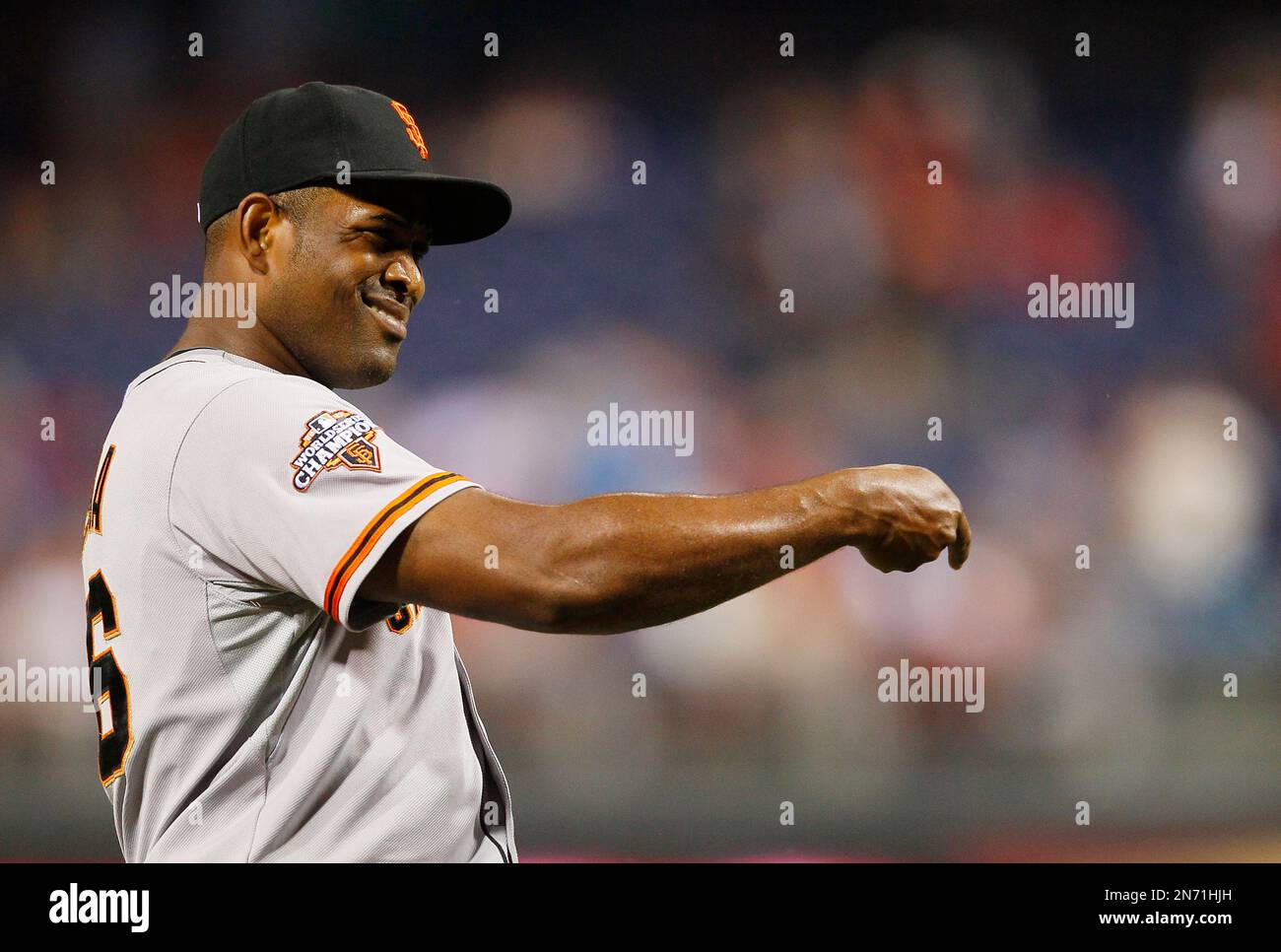 San Francisco Giants closer Santiago Casilla, right, is congratulated by  catcher Hector Sanchez after the Giants' 1-0 victory over the San Diego  Padres in 12 innings in a baseball game Thursday, April