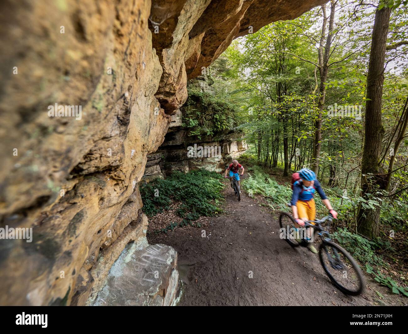E-mountain biker on single trail in the Müller Valley. The Müllerthal is characterized by the eroded sandstone rocks, which indicate a past sea. The region is also called 'Luxembourg's Little Switzerland'. Stock Photo
