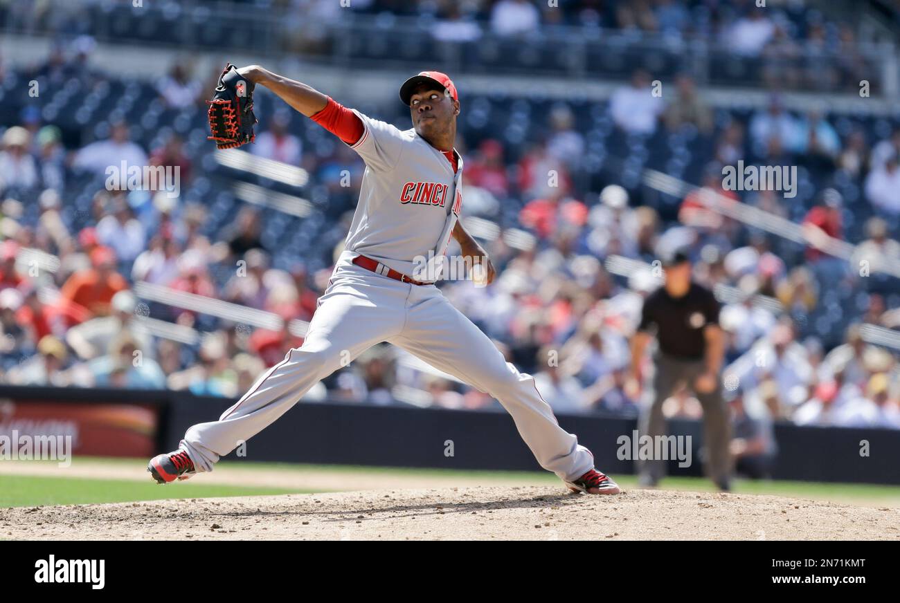 Cincinnati Reds relief pitcher Aroldis Chapman works the ninth inning ...