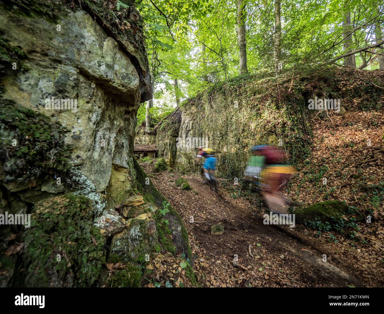 e-mountain biker on single trail in the 'Wollefsgriecht'. The gorge is part of the sandstone rock formation 'Mamerléen'. Léen stands for rock. Mamer is the river that crosses the valley. Stock Photo