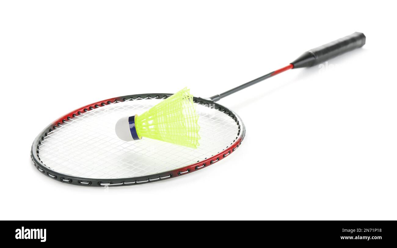 Badminton racket and shuttlecock on white background Stock Photo Alamy