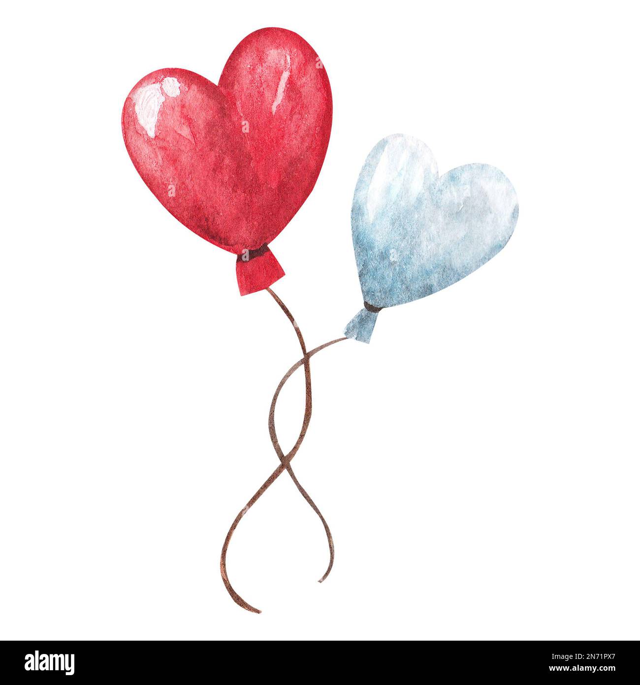 Watercolor heart shaped balloons. Hand drawn red and blue balloon with ...