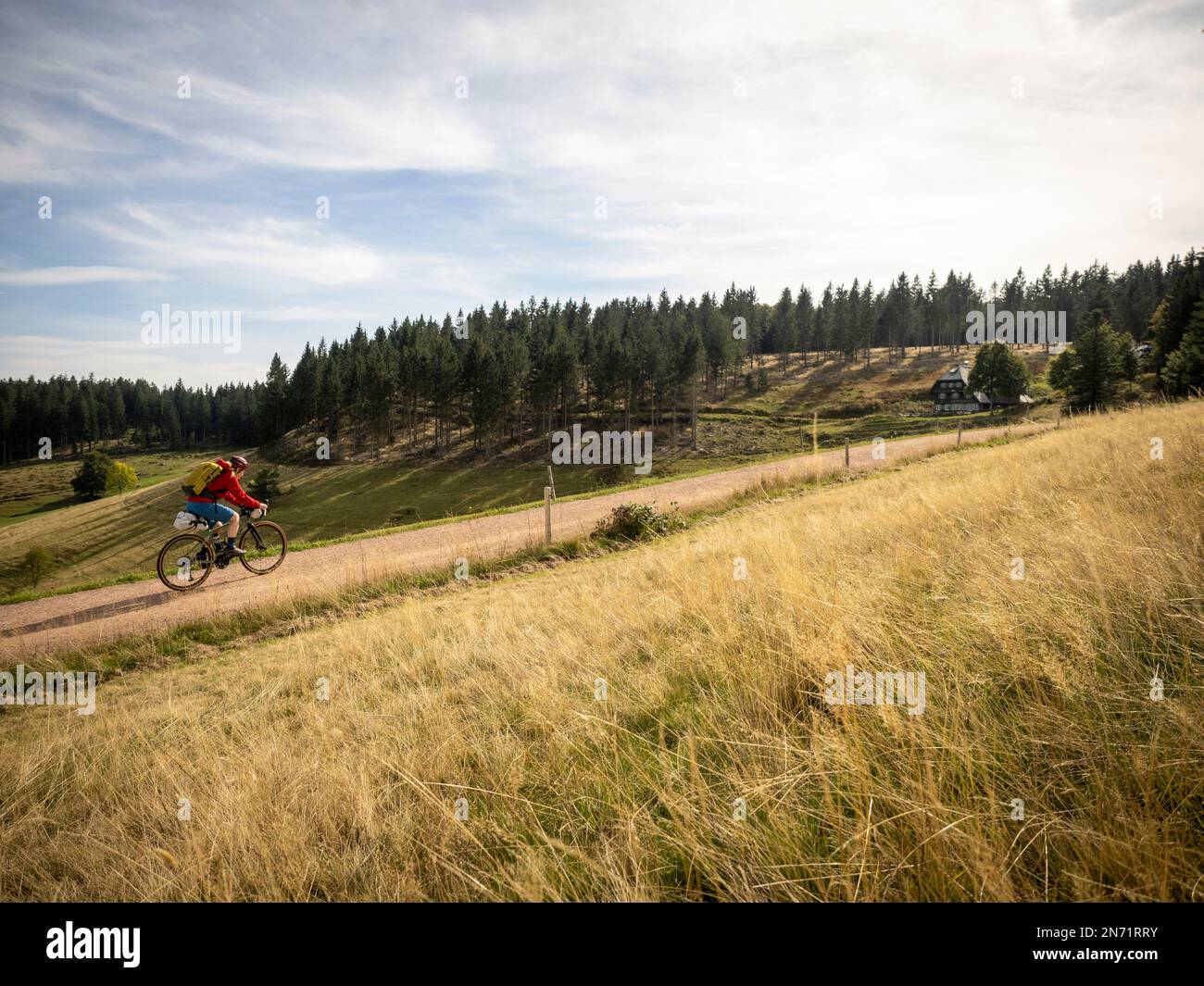 Bike tour with the Gravelbike in the Black Forest. In Schonach at the Rohrhardsberg. Stock Photo