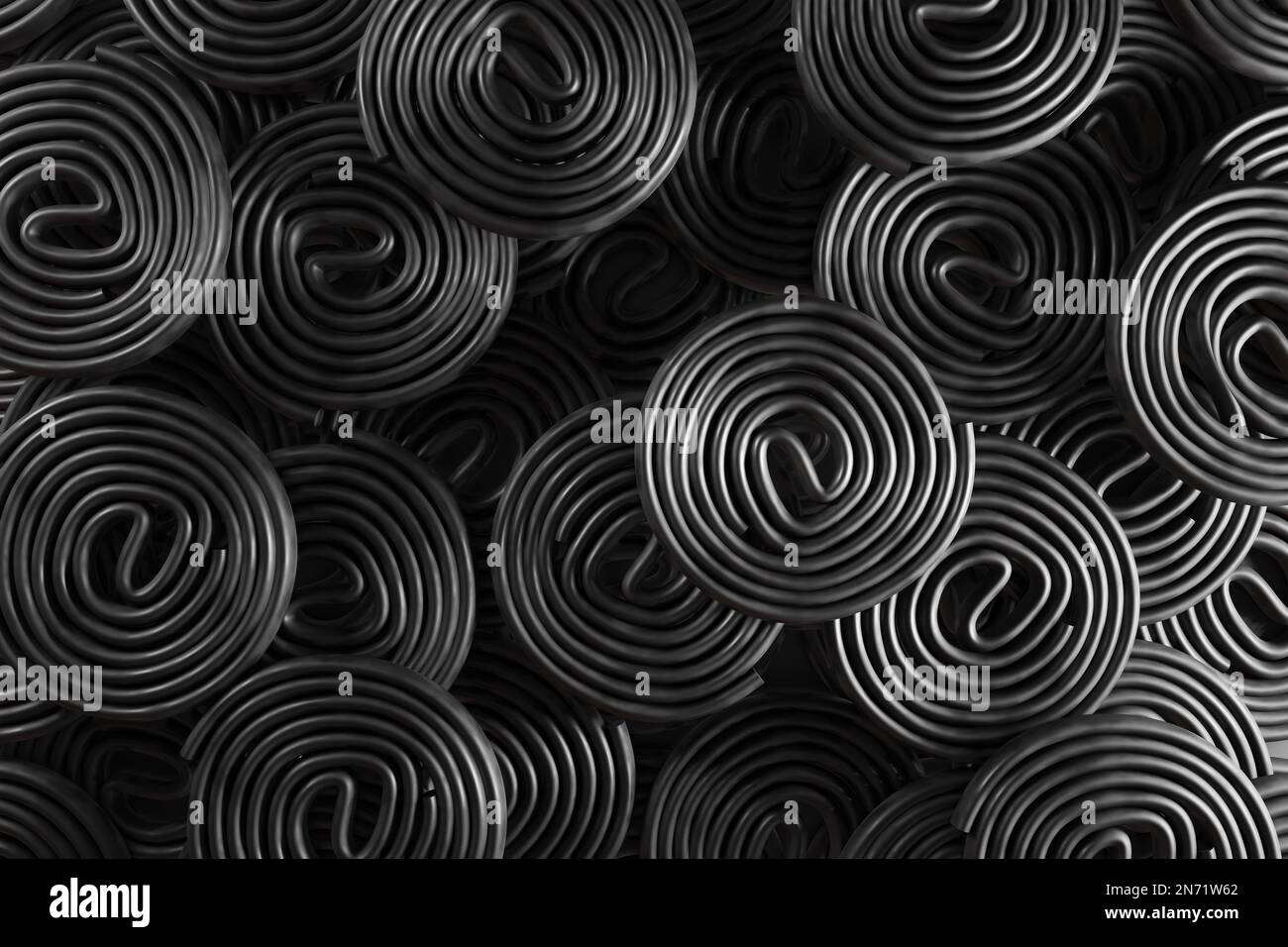Stacks of circularly rolled black liquorice. Illustration of the