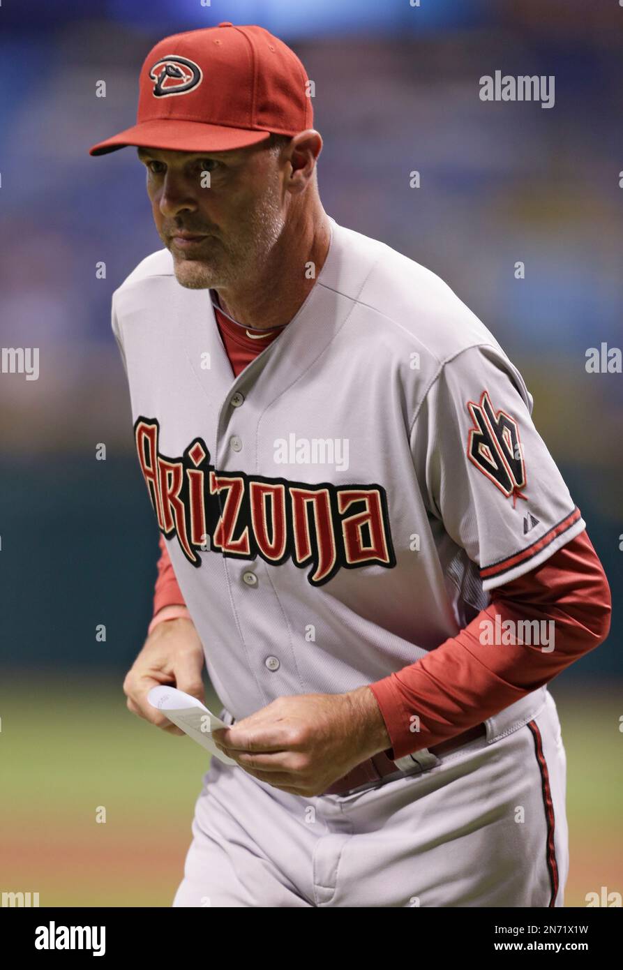 Arizona Diamondbacks manager Kirk Gibson runs back to the dugout after