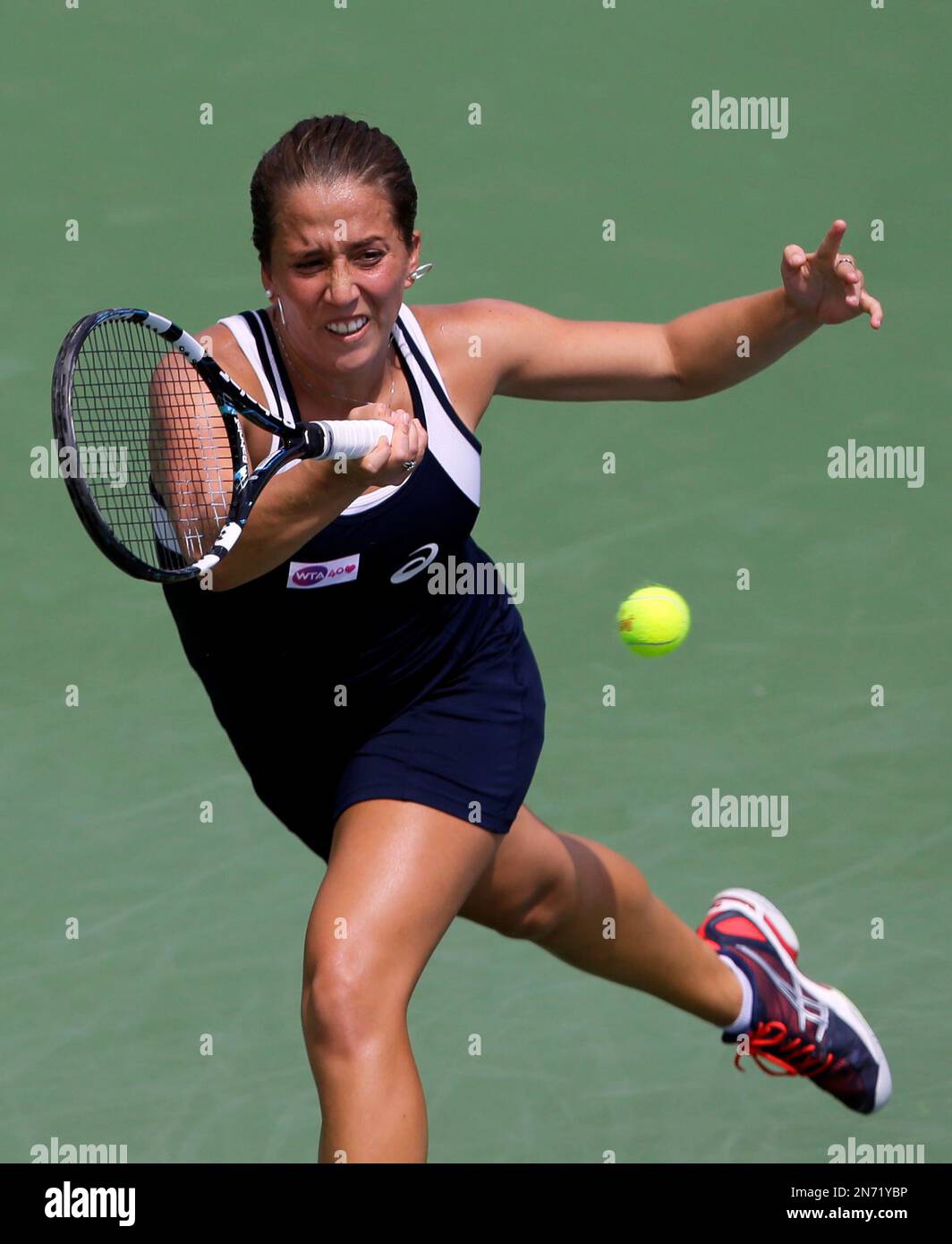 Irina Falconi hits the ball during her match against Angelique Kerber, from  Germany, at the Citi Open tennis tournament, Tuesday, July 30, 2013 in  Washington. Kerber won 6-2, 6-3. (AP Photo/Alex Brandon