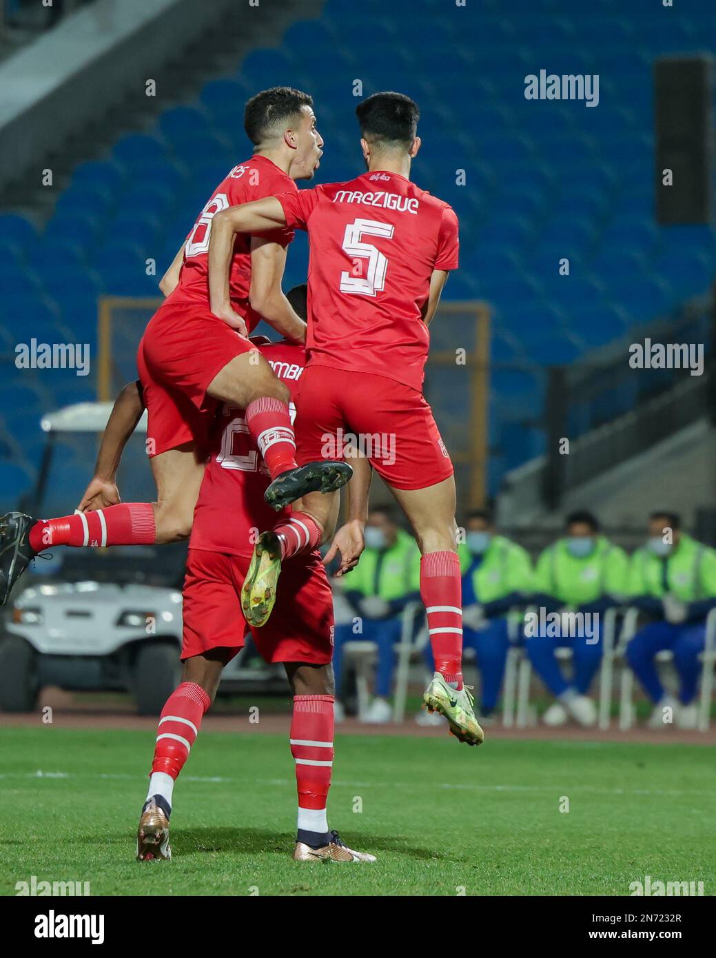 CAIRO, EGYPT - 10 February 2023 - Leonel Wamba of CR Belouizdad celebrates with his teammates after scoring opening goal during the CAF Champions League group stage match between Zamalek SC and CR Belouizdad at Cairo international Stadium, Cairo, Egypt. (Photo M.Bayoumy/SFSI) Credit: Sebo47/Alamy Live News Stock Photo