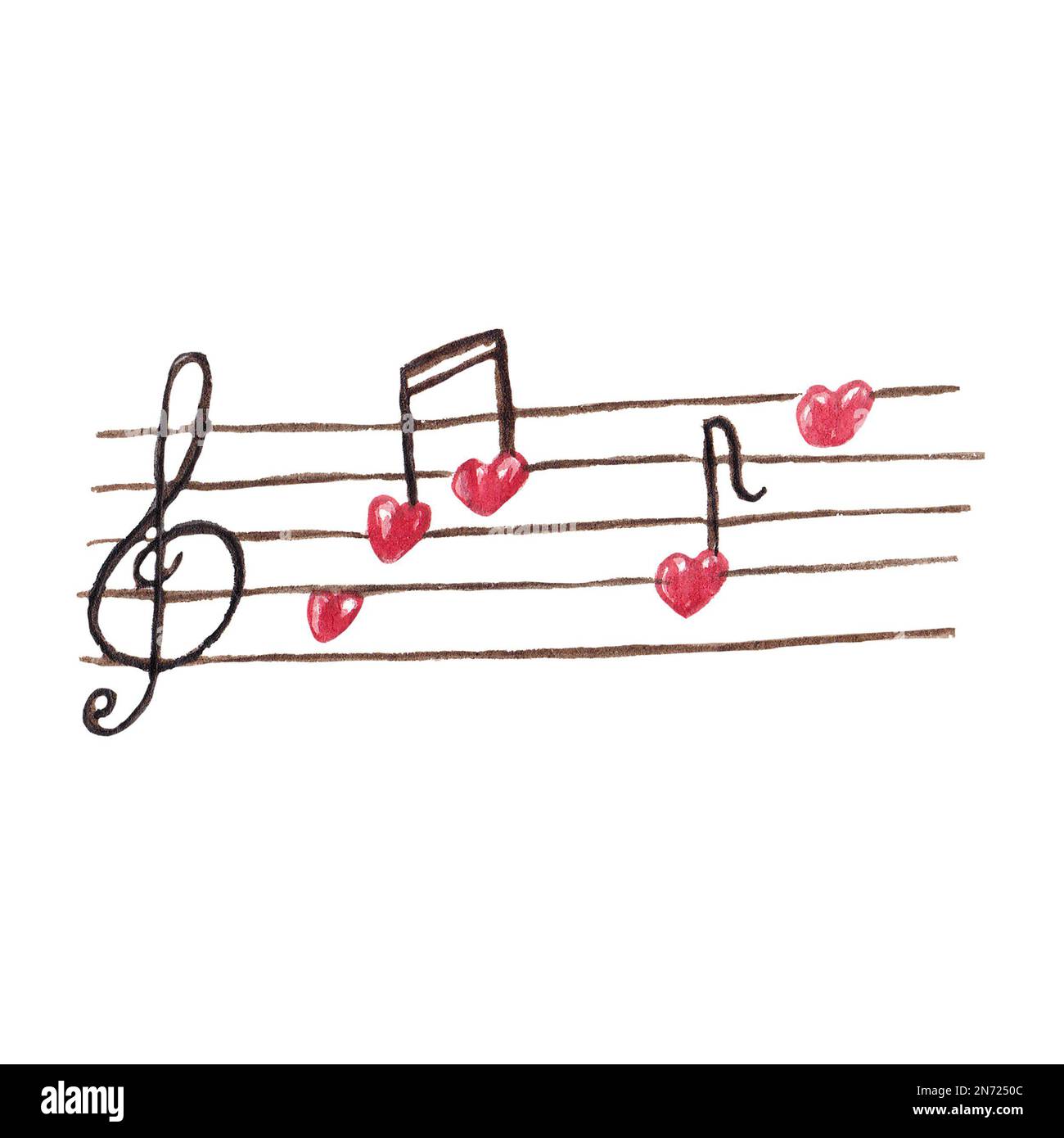 Watercolor musical notation with heart shaped notes. Hand drawn watercolour music symbols for