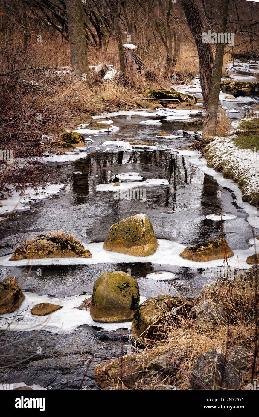 Ice forms around boulders while trees reflect off the water at Francis Creek near Manitowoc
